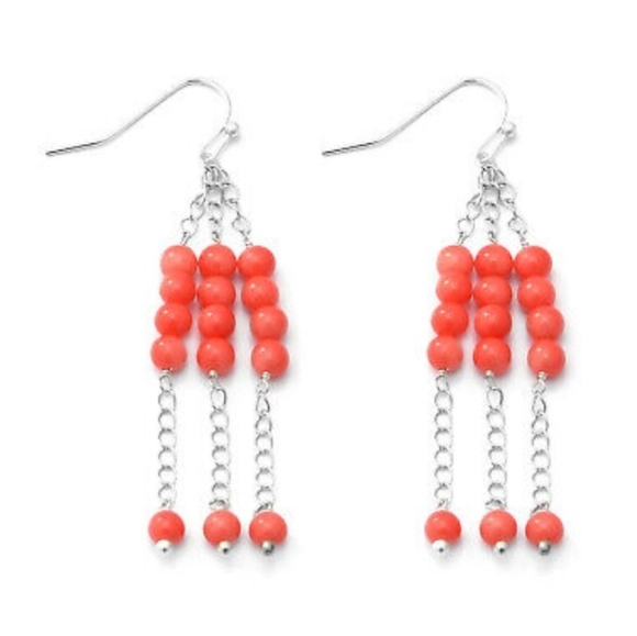 🔥 925 S GENUINE ENHANCED PINK CORAL BEADED DANGLE CHAIN   EARRINGS ✨️ - Picture 1 of 3